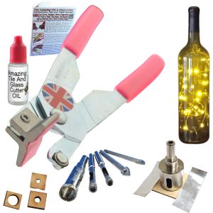 Glass Cutters Tools KIT with 5 Pack Diamond and Spearpoint Drill bits for Glass Drill Holes in Glass Bottles Pink Kit 1