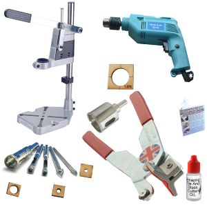 Left Handed Glass Cutter KIT 3 with Diamond Tip Drill Bits and Diamond Hole Saw for Glass Drill Holes in Glass Bottles with Drill Stand and Free Drill