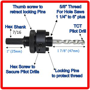 Hole Saw Arbor for 1 1/8" to 6" in Holesaws Free Hex Key TCT Pilot 7/16" Hex End 