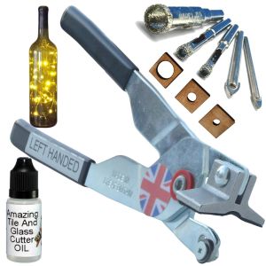 Left Handed Glass Cutter KIT 1 with Diamond Tip Drill Bits and Diamond Hole Saw for Glass Drill Holes in Glass Bottles with Drill Stand and Free Drill